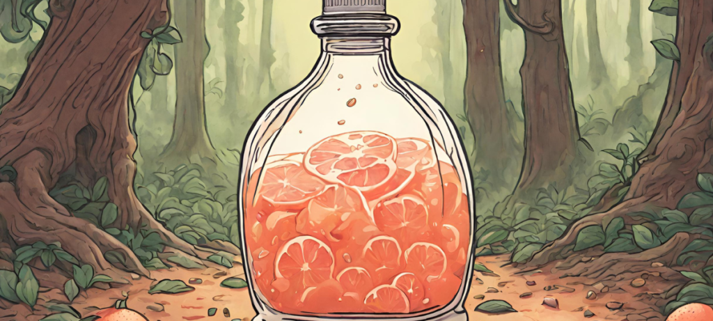 An illustration of a bottle of orange juice in the woods.