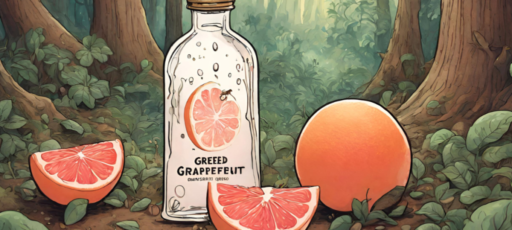 A bottle of grapefruit in the woods.