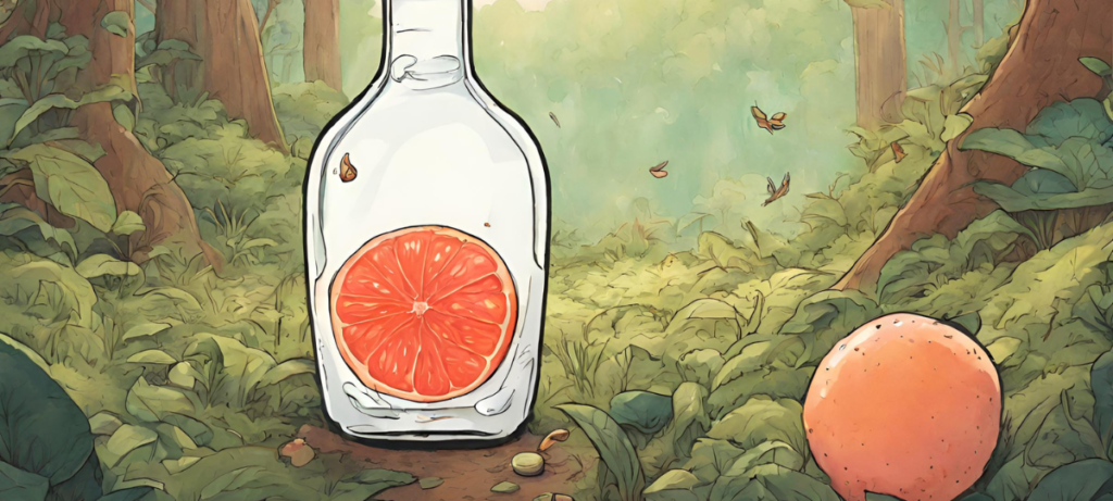 An illustration of an orange in a bottle in the woods.