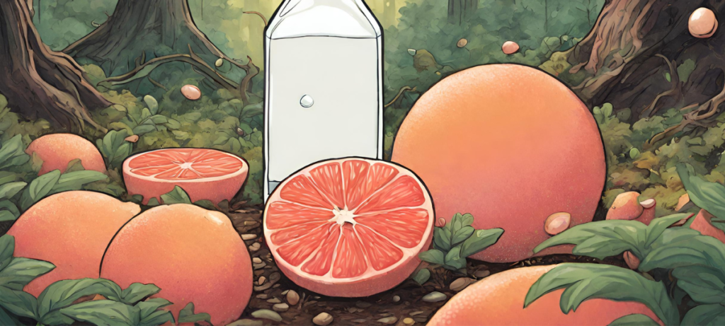 An illustration of a bottle of water next to a bunch of grapefruits.