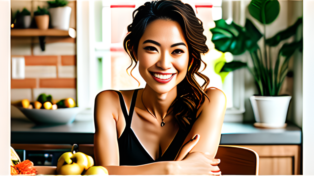 A woman smiling in front of a kitchen full of fruits and vegetables.