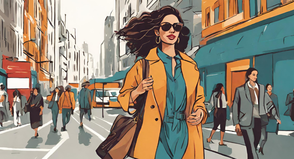 An illustration of a woman walking down the street.