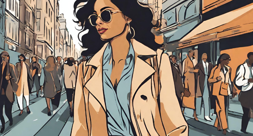 An illustration of a woman walking down the street.