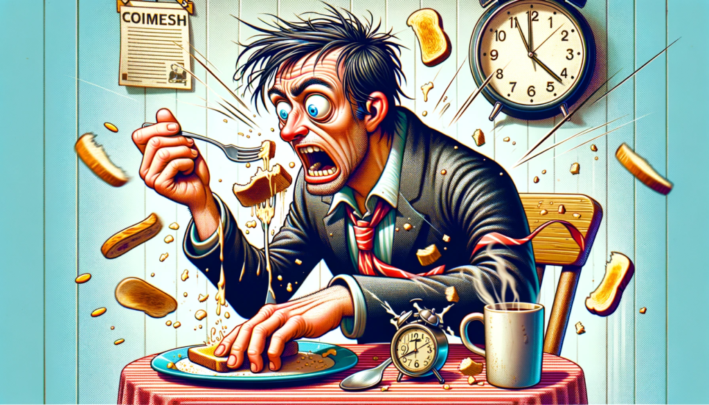 A comical illustration of a man in a hurry, eating his meal in a rush. The scene is set in a colorful and slightly exaggerated kitchen, where the man is seated at a small table. He looks flustered with wide eyes and disheveled hair, trying to eat quickly while looking at his watch. His movements are exaggerated, with a fork in one hand and a piece of toast in the other, crumbs flying around