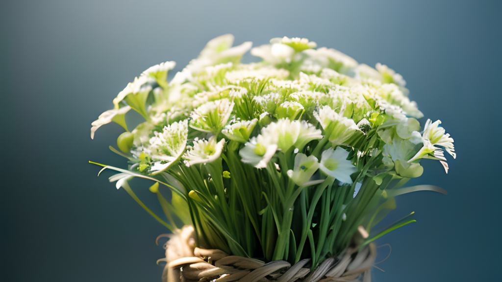 A bunch of white flowers in a wicker basket.