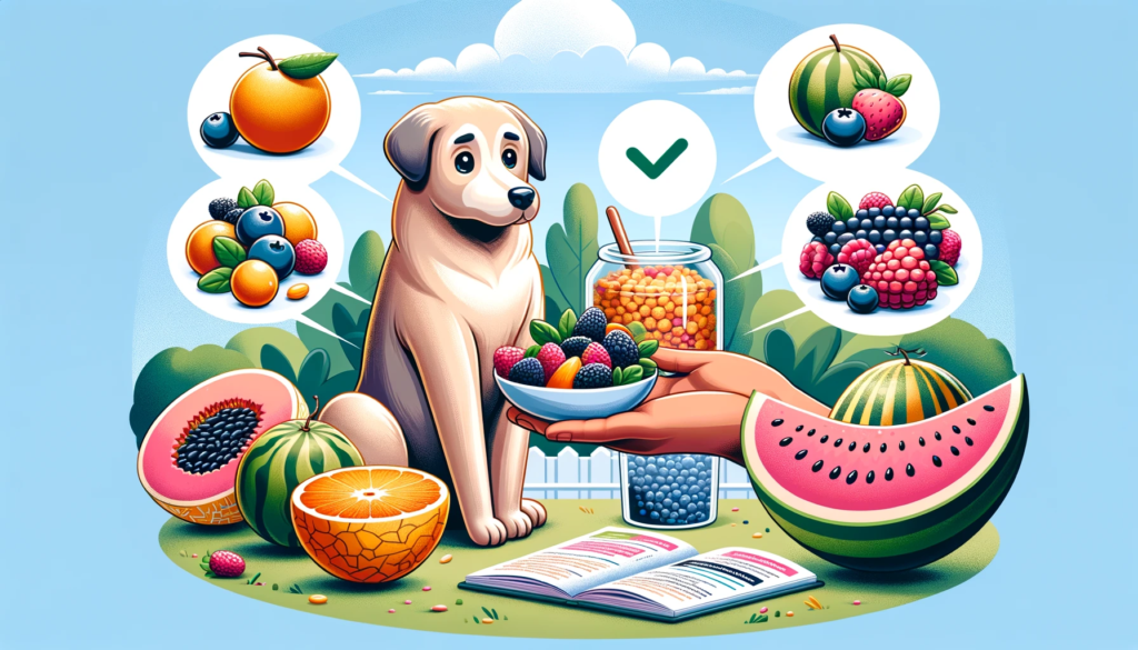 A dog is holding a bowl of fruit and a book.