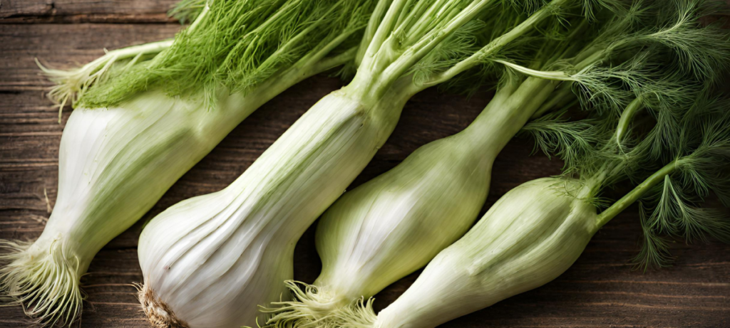 A bunch of fennel on a wooden table.