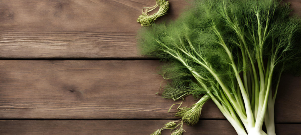 A bunch of green fennel on a wooden table.