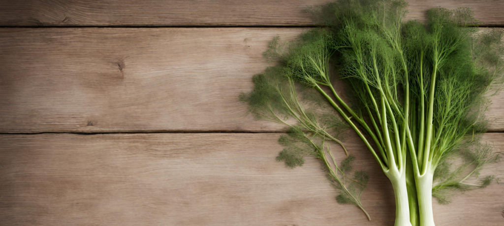 A bunch of green fennel on a wooden table.