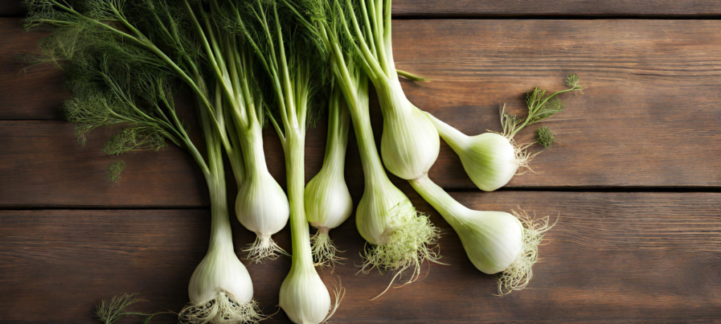 A bunch of green fennel on a wooden table.