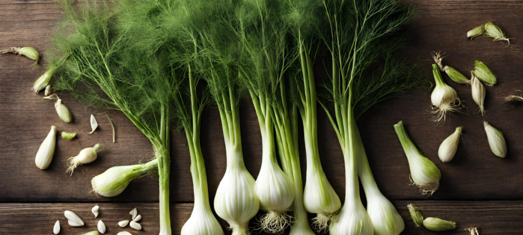 A bunch of green fennel on a wooden table.