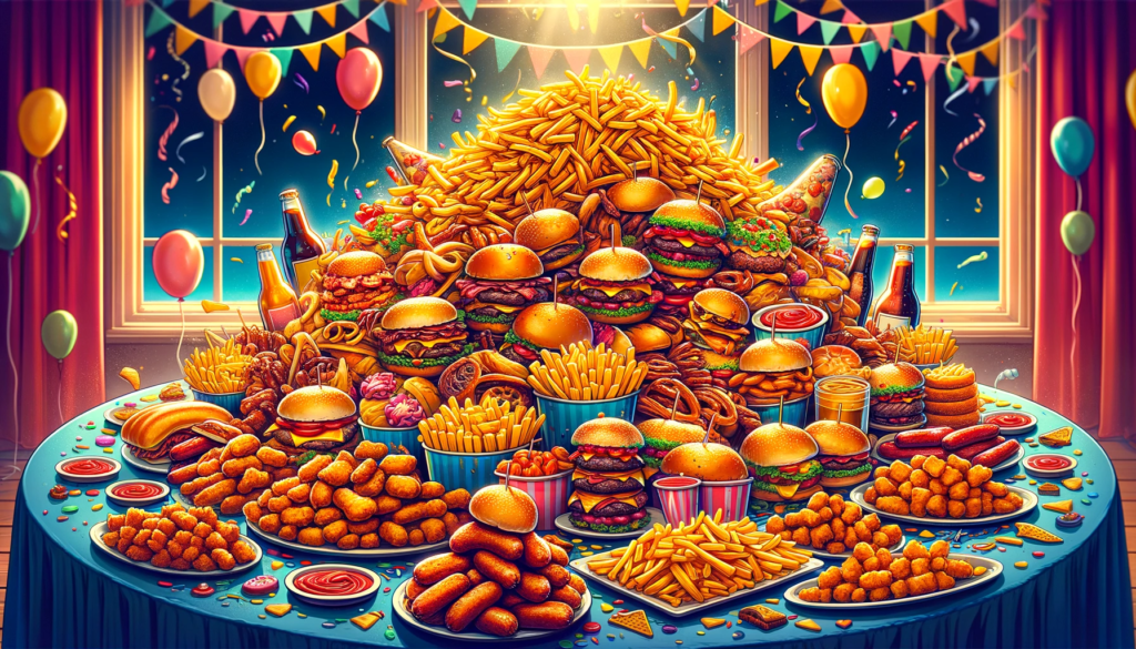 Illustration of a party venue with a table piled high with various meats, fries, and an assortment of junk food. The focus is solely on the table and the food, without any people in the scene. The table is set in a festive environment, decorated with party elements like balloons and streamers in the background. The food is arranged in an enticing and abundant display, featuring a variety of colorful and delicious-looking junk food items like burgers, hot dogs, chicken wings, nachos, and heaps of golden fries. The scene conveys a sense of celebration and indulgence, emphasizing the lavish spread of food.