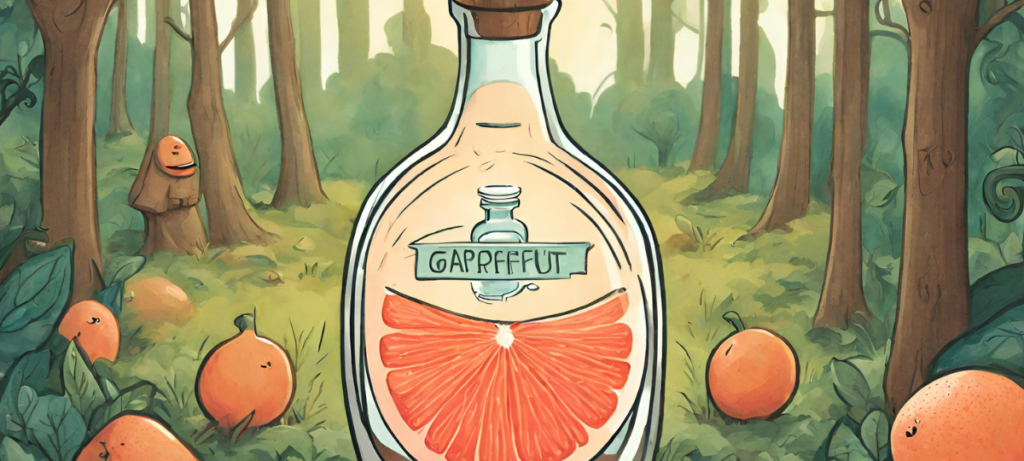 An illustration of a bottle of grapefruit gin in the woods.