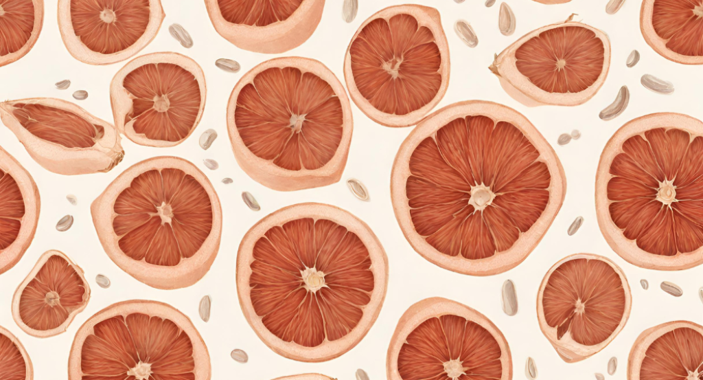 A pattern of grapefruit slices on a white background.