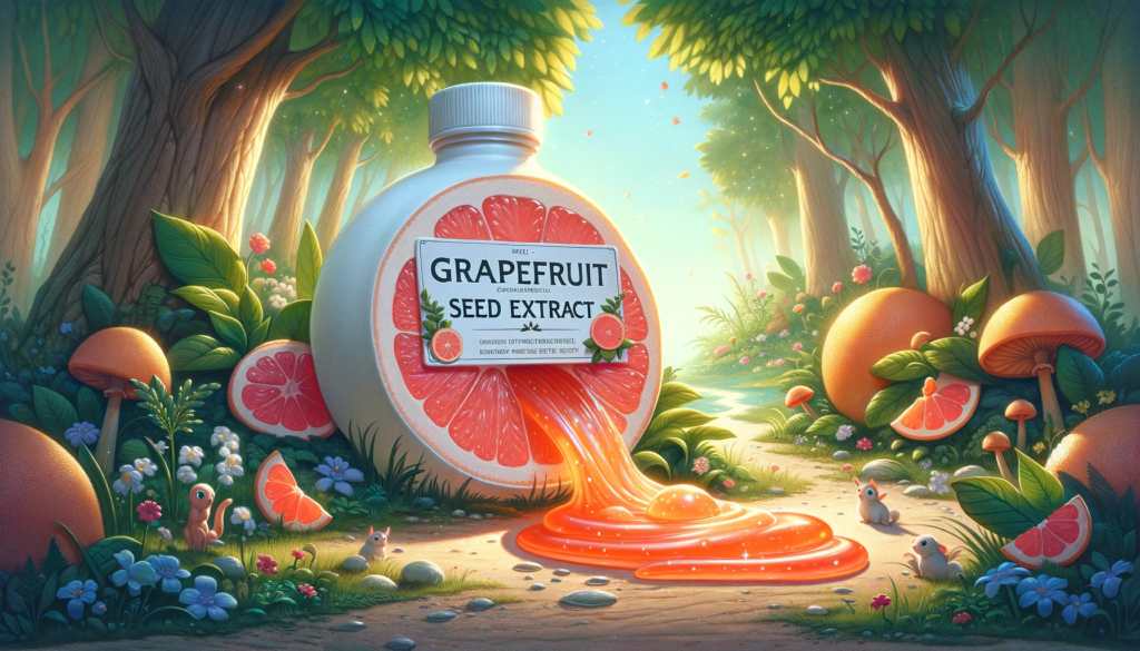 An illustration of a bottle of grapefruit juice in a forest.