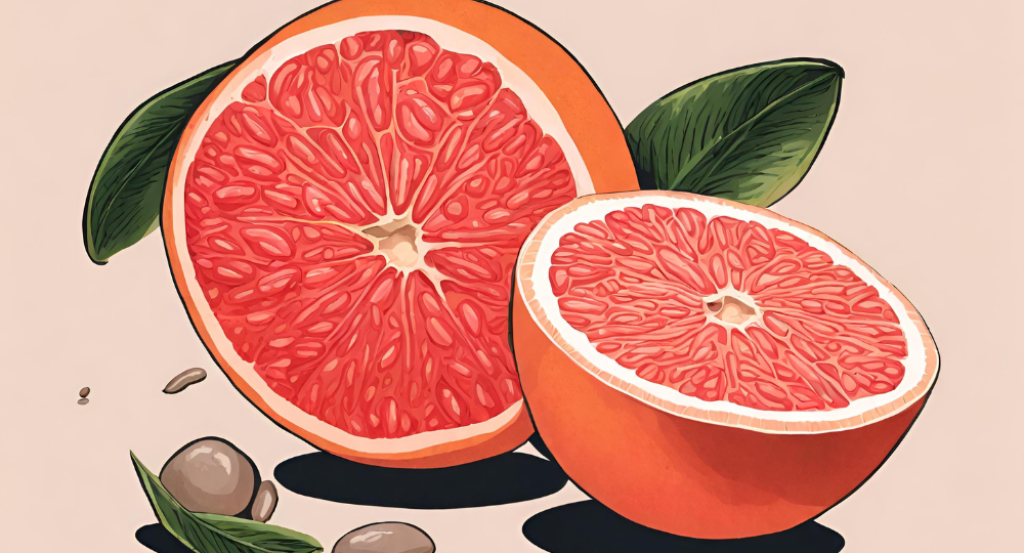 A drawing of a grapefruit with leaves and seeds.