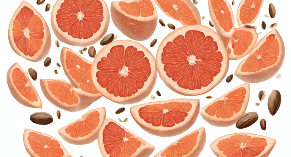 Grapefruit slices and seeds on a white background.