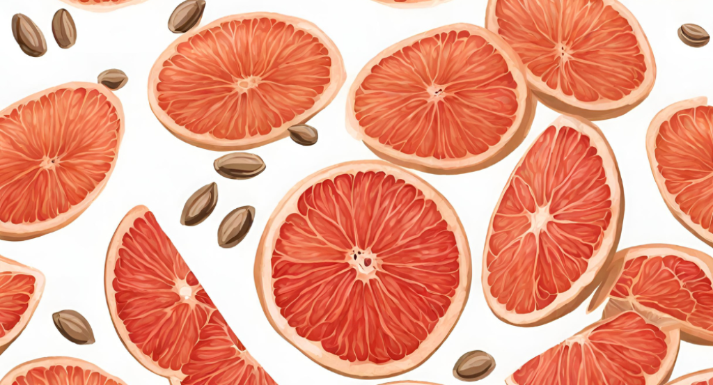 Sliced grapefruits and coffee beans on a white background.