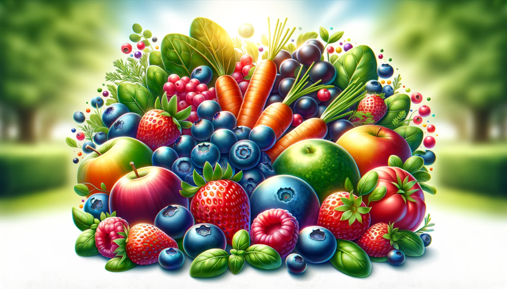 A bunch of fruits and vegetables are arranged in a pile.