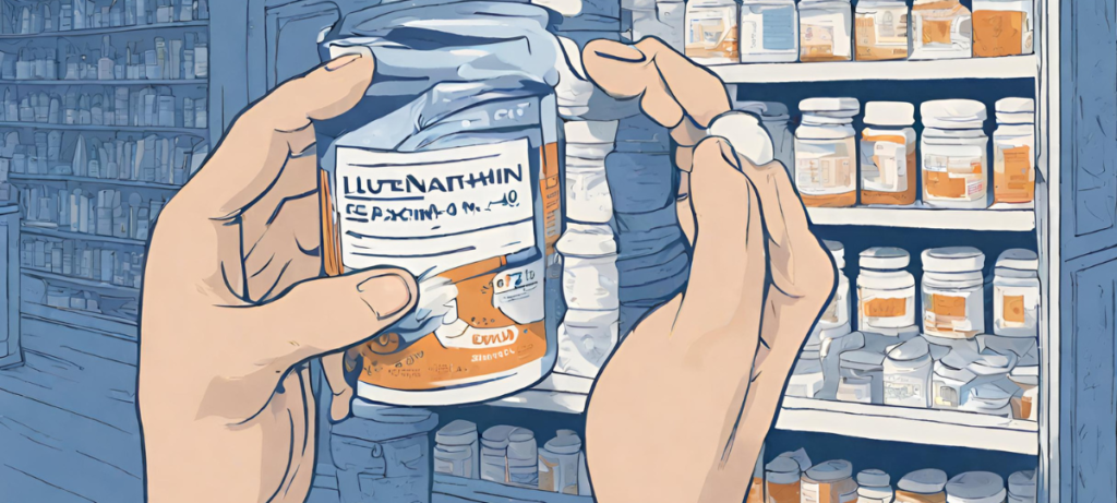 An illustration of a hand holding a bottle of medicine.