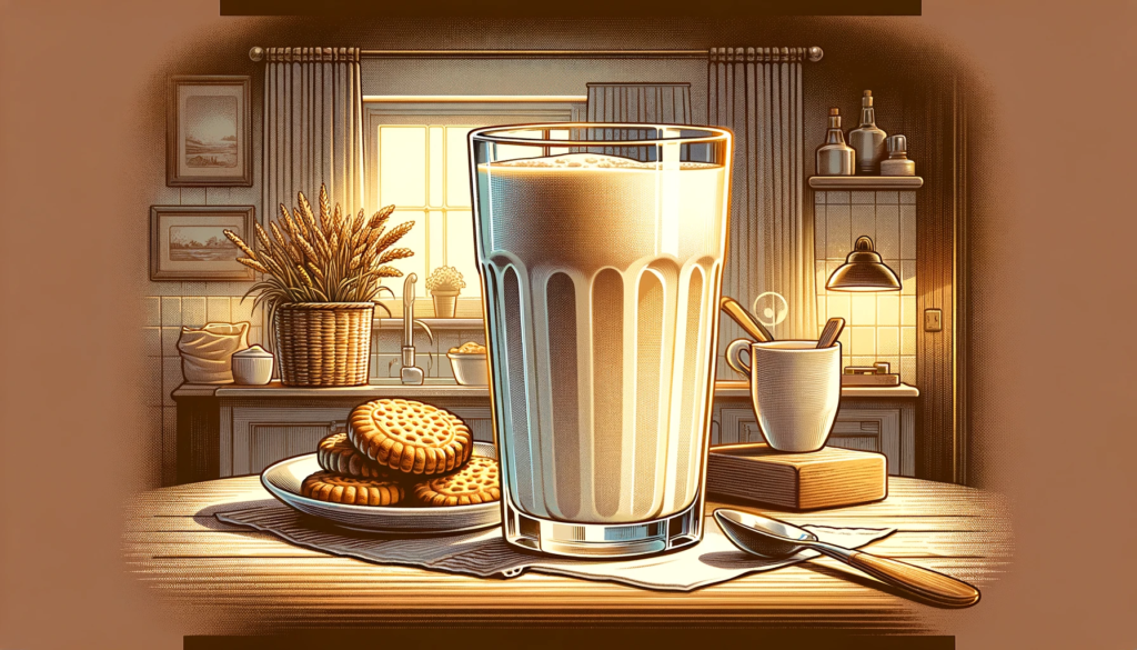 An illustration of a glass of milk in a kitchen.