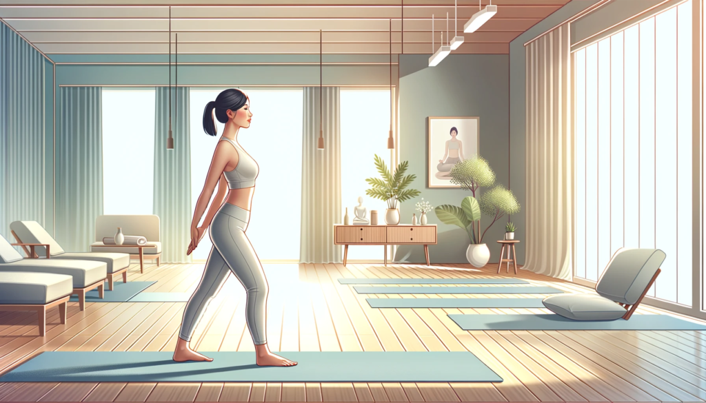 A woman is practicing yoga in a room.