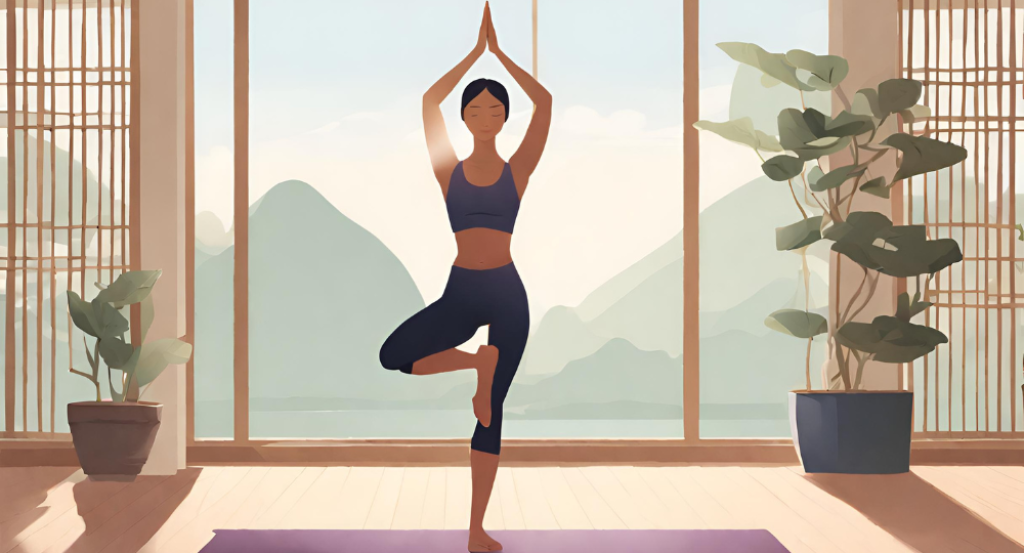 A woman is doing yoga in front of a window.