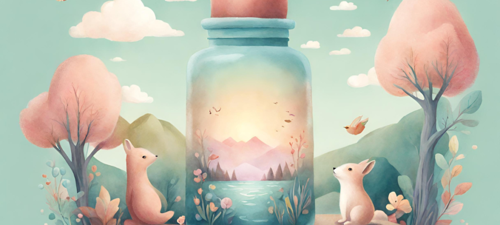 An illustration of a bottle with two rabbits in it.