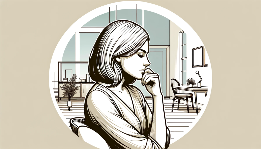 A black and white illustration of a woman sitting in a room.