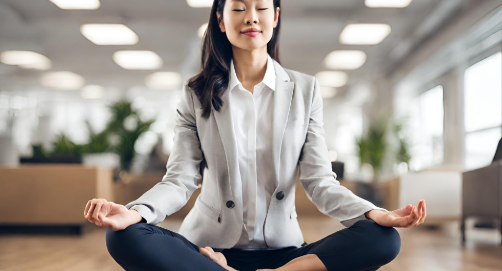 A business woman meditating in an office.