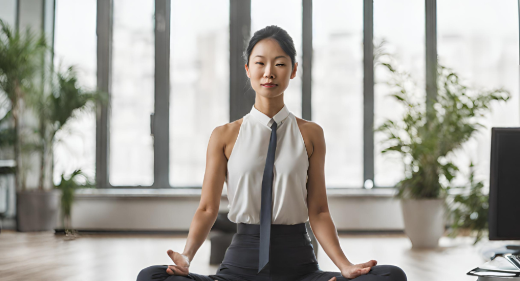 A woman in a business suit meditating in an office.