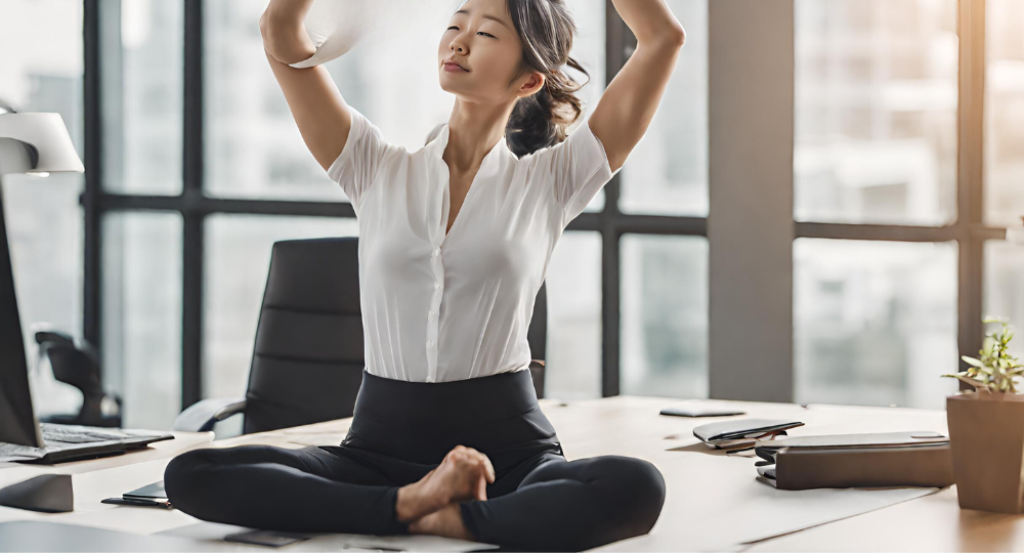 A woman is sitting in a yoga pose in front of a computer.