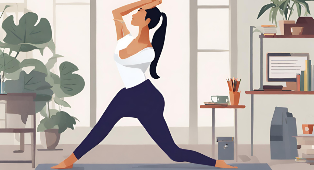 An illustration of a woman doing yoga in her home office.