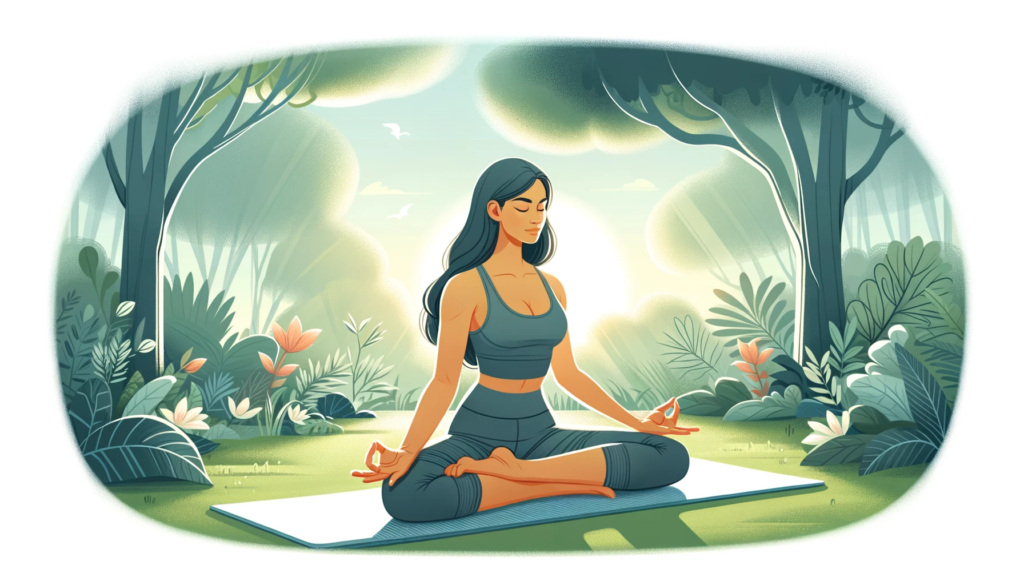 A woman is meditating in the forest.