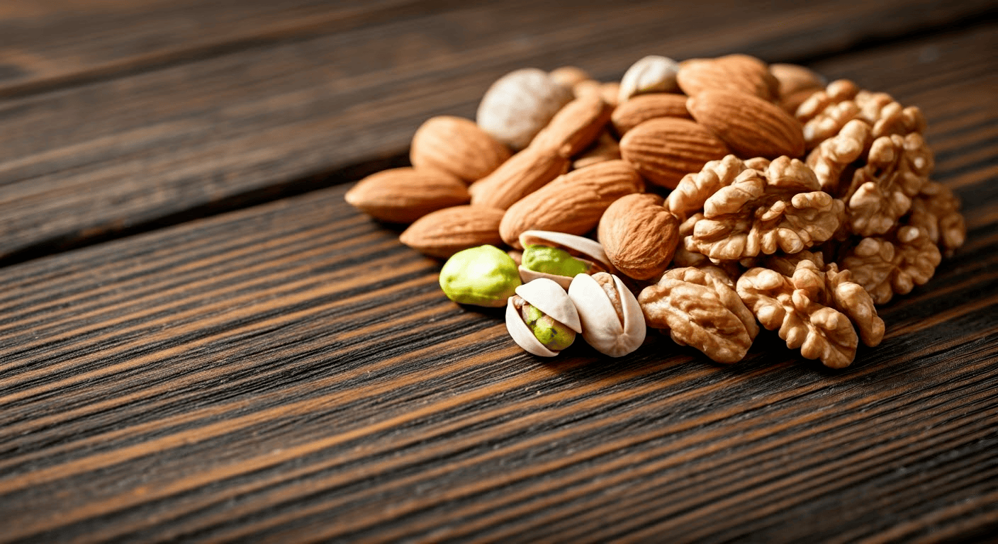 Assorted nuts on a wooden table.