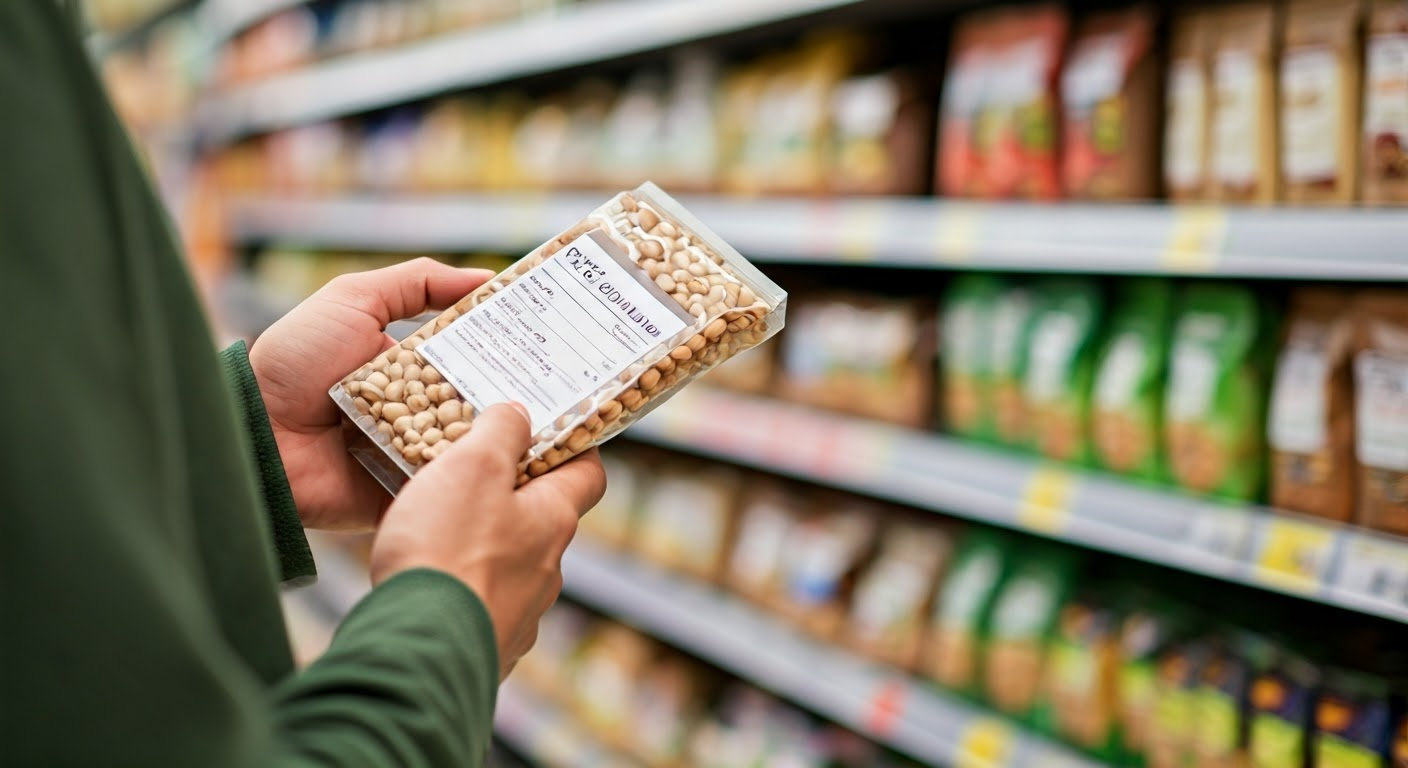 Checking nut ingredient labels in store.